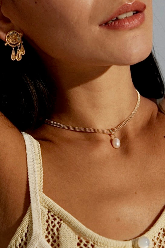 Silken Steel Pearl Drop Necklace